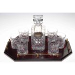 Crystal whisky decanter and six tumbler set with tray and silver label.