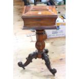 Victorian rosewood sarcophagus shaped sewing table on fluted pedestal triform base, 80cm by 37.5cm.
