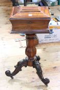 Victorian rosewood sarcophagus shaped sewing table on fluted pedestal triform base, 80cm by 37.5cm.