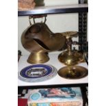 Brass coal scuttle, trivet and kettle together with three plates.