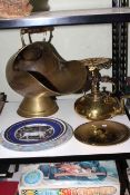 Brass coal scuttle, trivet and kettle together with three plates.