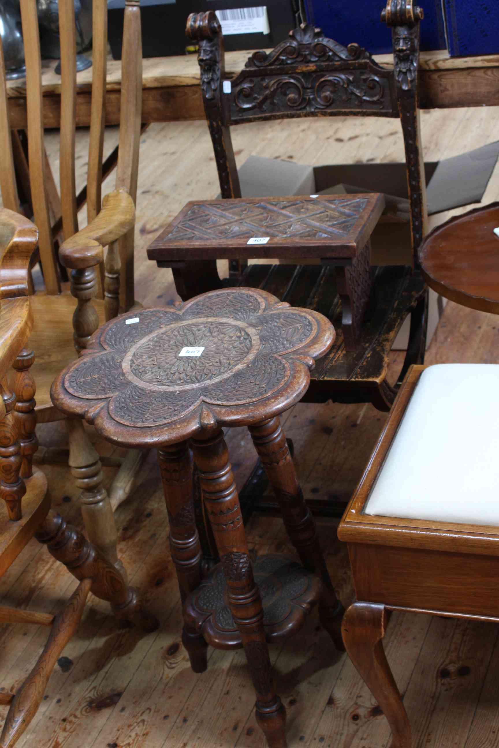 Carved hardwood three legged occasional table, Victorian carved side chair and carved stool (3).