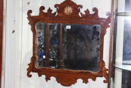 Burr walnut fretwork wall mirror, 67cm by 67cm overall.