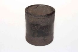 Chinese bronze brush pot having incised decoration of dragon, Chien Lung mark to base, 10cm.