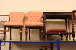 Oak barley twist occasional table, pair Victorian side chairs, oak cabinet bookcase,