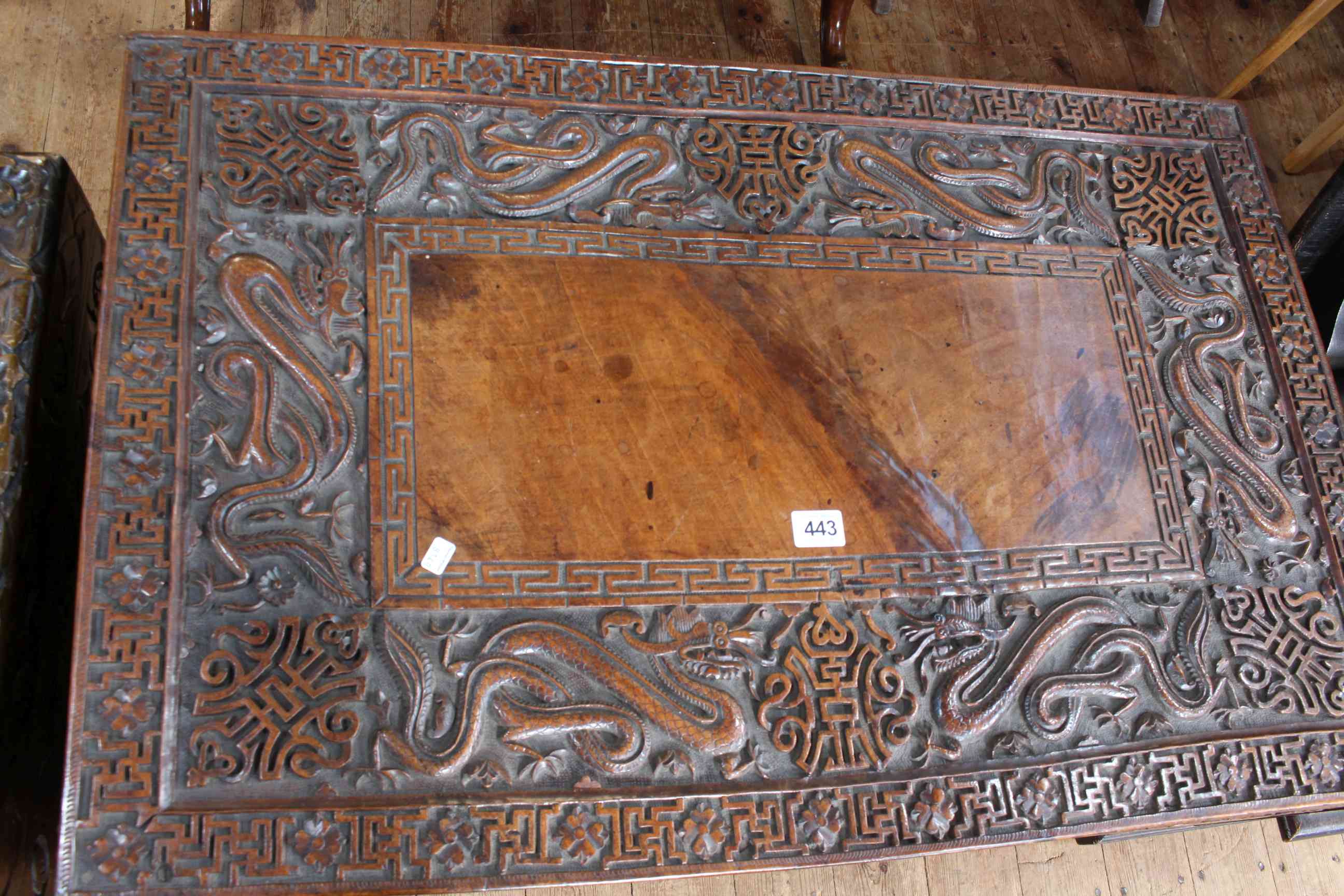 Late 19th Century Chinese hardwood folding scribes desk having two side drawers and profusely - Image 2 of 2