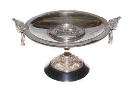 EPNS centre piece tazza with lion mask handle, 36cm by 18cm.