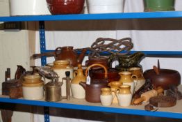 Collection of stoneware storage jars, jug, three wood planes, carpet beater, treen, etc.