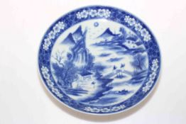 Chinese blue and white saucer dish with figures in landscape, six character mark to base, 22.