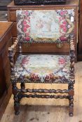 Victorian twist oak open armchair in tapestry fabric.