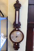 Antique rosewood banjo barometer having silvered dial signed L. Casella, London.