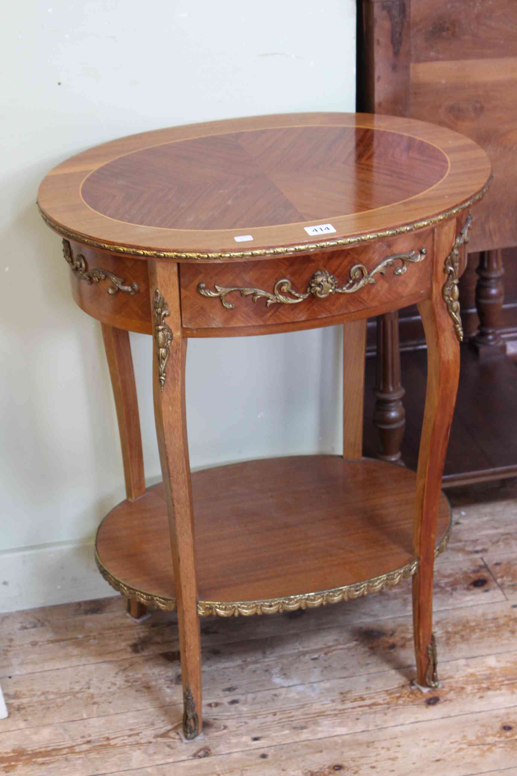 French ormolu mounted oval occasional table with frieze drawer, 69cm by 55cm.