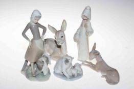Five Lladro figurines including Polar Bears, Donkey, Deer, Goose, etc.
