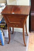 Mahogany sewing table having double hinged top above a single drawer on splayed legs, 75cm by 46cm.