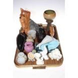 Tray lot with Beswick Yorkshire Terrier 2377, Doulton pigs, Poole, Belleek, art glass, etc.