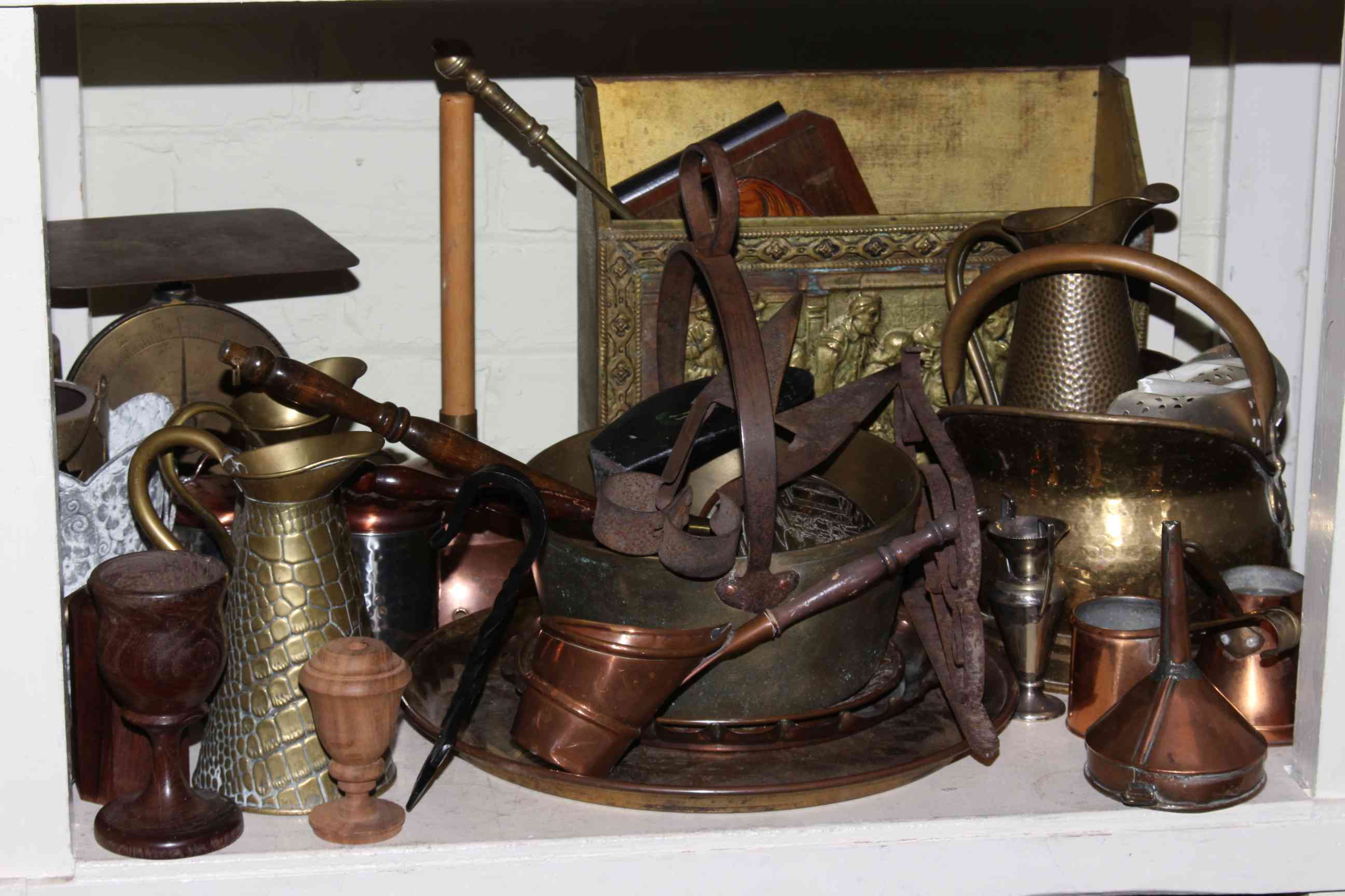 Large collection of copper and brass including horsebrasses, wood planes, shoe lasts, - Image 3 of 3