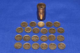 Small cylindrical lidded case of medallions listing the Duke of Wellington victories in the