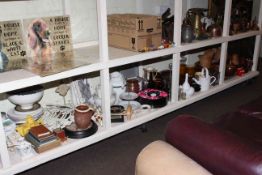 Full shelf of stoneware jugs, jars, glass bottles, boxed coffee set, Humpty Dumpty teapot,