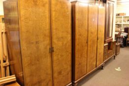 1930's three piece figured walnut bedroom suite comprising triple door wardrobe,