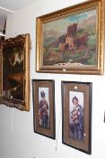 Two gilt framed oils, pair Musician prints and pair Stag prints (6).