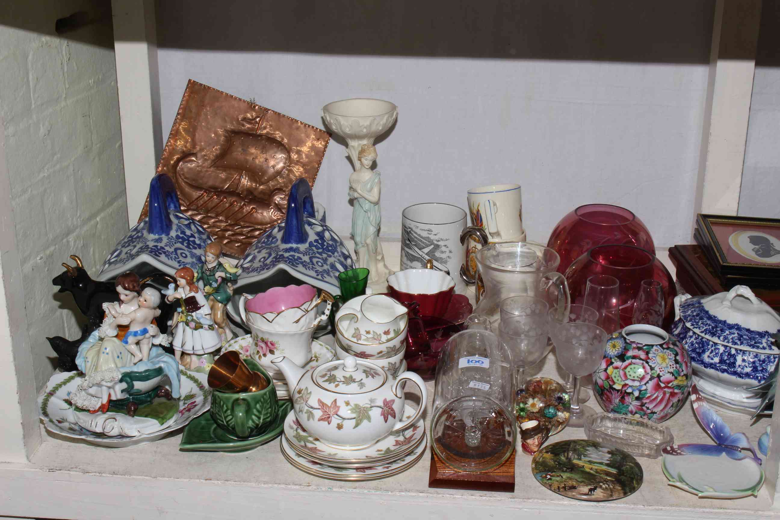 Collection of glass and china, lace cloths, figurines, Oriental plaster figure, - Image 2 of 3