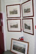 Set of four framed hunting prints and horse racing print (5).