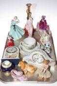 Tray lot including six Royal Doulton figures, two Aynsley clocks, etc.