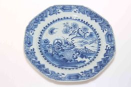 Chinese 18th Century blue and white hexagonal plate, 23cm across.