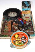 Tray lot of vintage toys including BBC talking Dalek and Sooty tambourine.