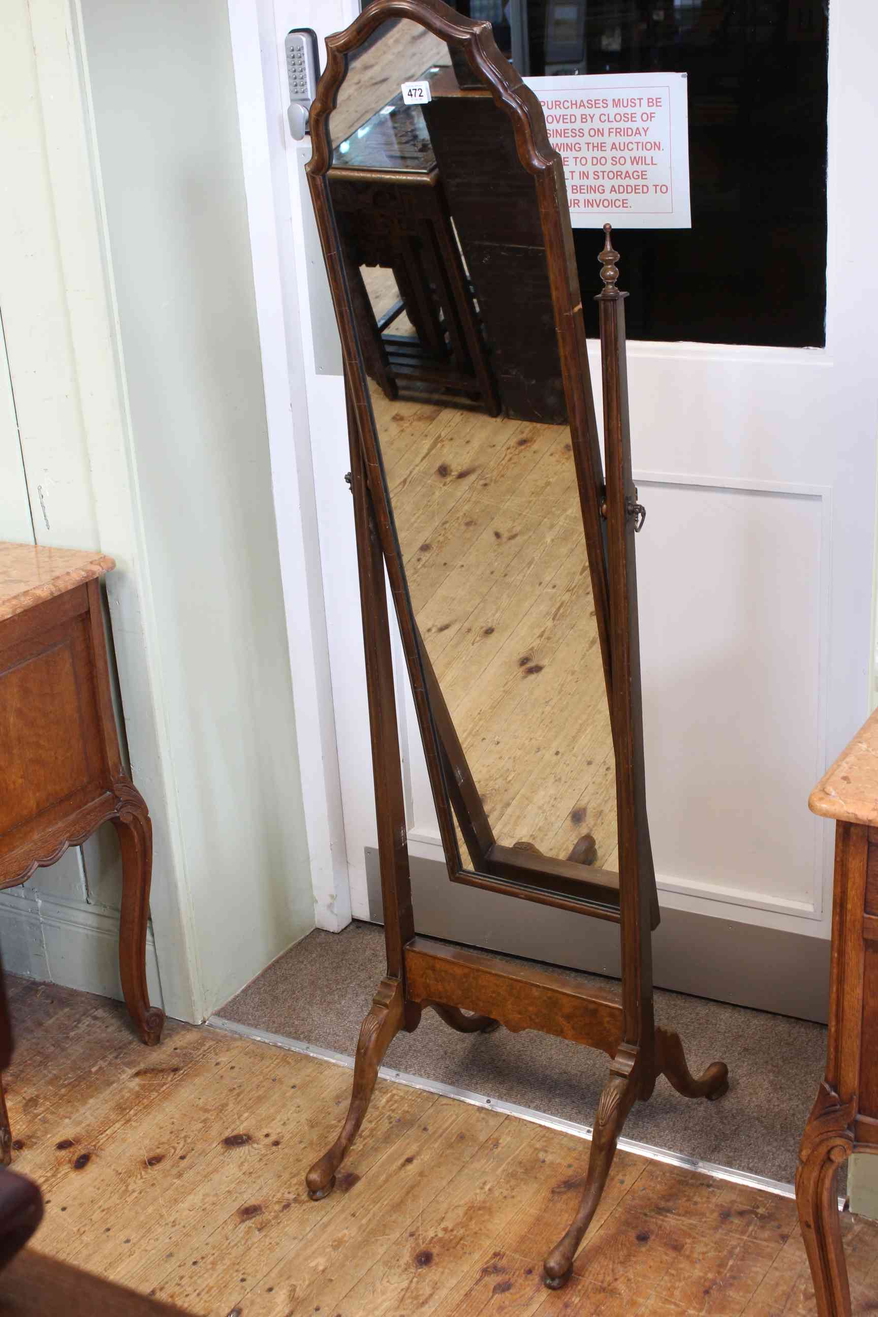 Walnut arched top cheval mirror, 157cm by 43cm.