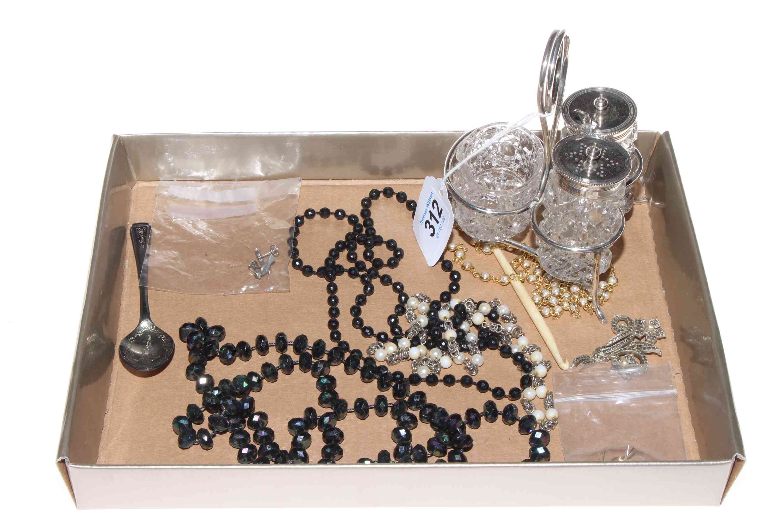 Three piece cruet, earrings, necklaces, etc.