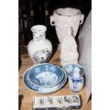 Four pieces of Chinese blue and white, Blanche de Chine figure, etc.