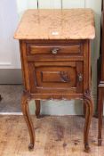 Pair Continental oak marble topped single drawer pot cupboards, 82cm by 42cm.