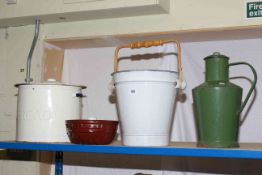 Enamel bread bin, slop pail, jug and jelly mould.