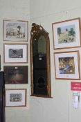 Large collection of framed wall mirrors, watercolours, pair carved panels, tray, etc.