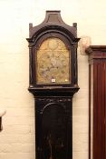Antique eight day longcase clock having painted case and brass arched dial, signed James Glyd,