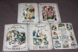 Set of five Alice in Wonderland signs.