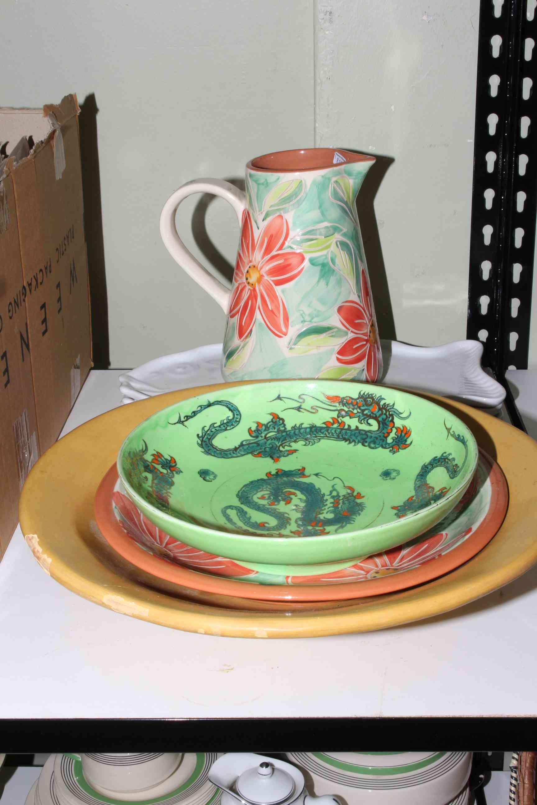 French pottery jug and bowl, Oriental style bowl, fish plates.
