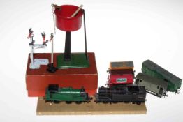 Hornby Dublo and O Gauge items including Green Tank Engine and Tinplate Water Tower.