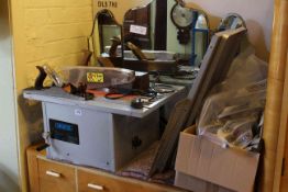 Draper table saw and accessories, two wood planes and collection of blow lamps.