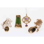 9 carat gold amethyst and seed pearl pendant, two lockets with chains and green stone brooch (4).
