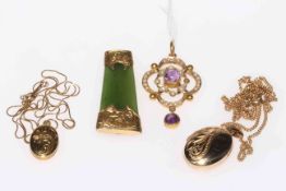 9 carat gold amethyst and seed pearl pendant, two lockets with chains and green stone brooch (4).