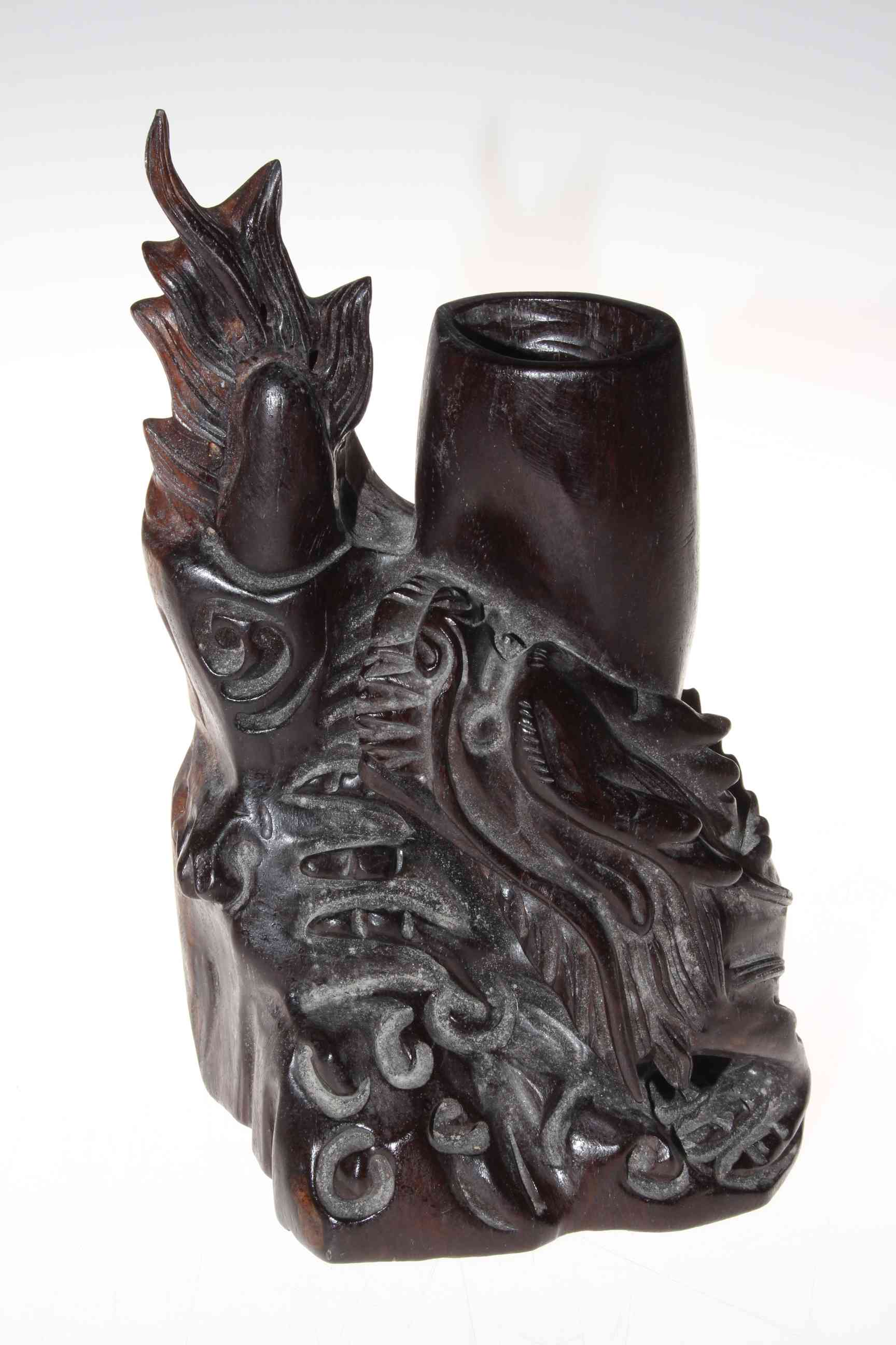 Chinese dragon carved hardwood brush pot, 28cm.