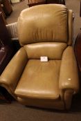 Sherborne light tan leather reclining chair, oval mahogany pedestal coffee table,