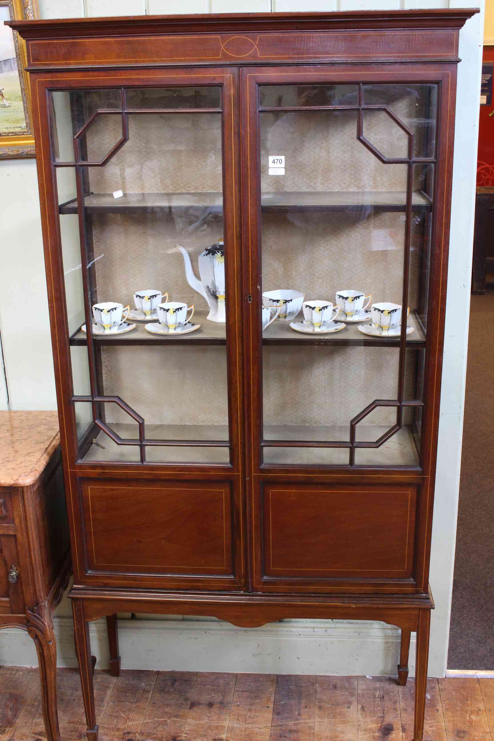 Edwardian mahogany and line inlaid two door vitrine, 175cm by 90cm.