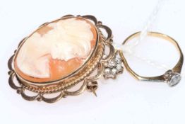 Jewellery including 18 carat gold and diamond ring, 9 carat gold cameo brooch, 9 carat gold pendant,