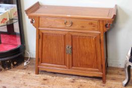 Oriental hardwood two door altar table/cabinet, 81cm by 95cm.