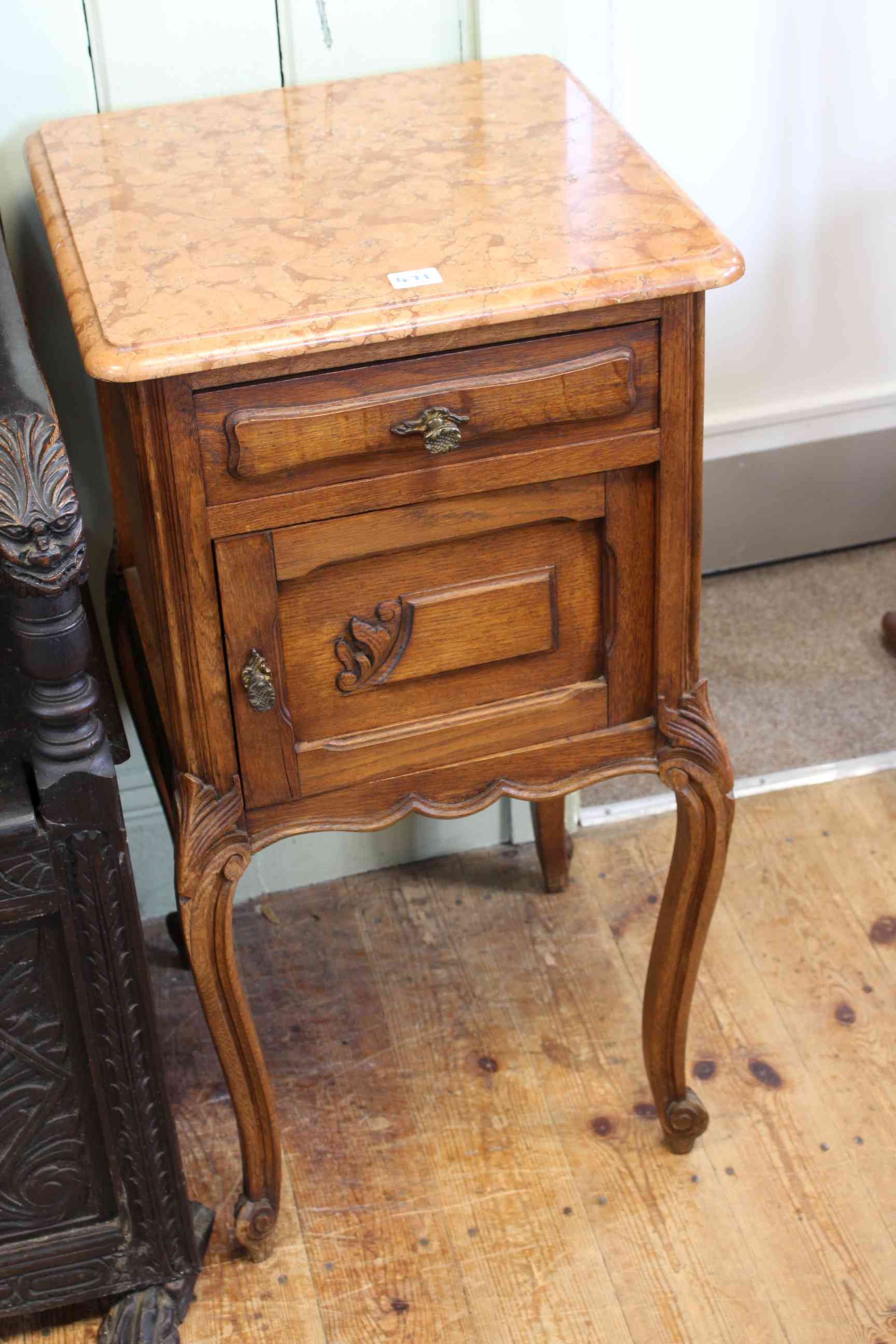 Pair Continental oak marble topped single drawer pot cupboards, 82cm by 42cm. - Image 2 of 2