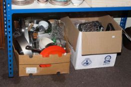 Two boxes of kitchenware, glassware, cutlery, etc.