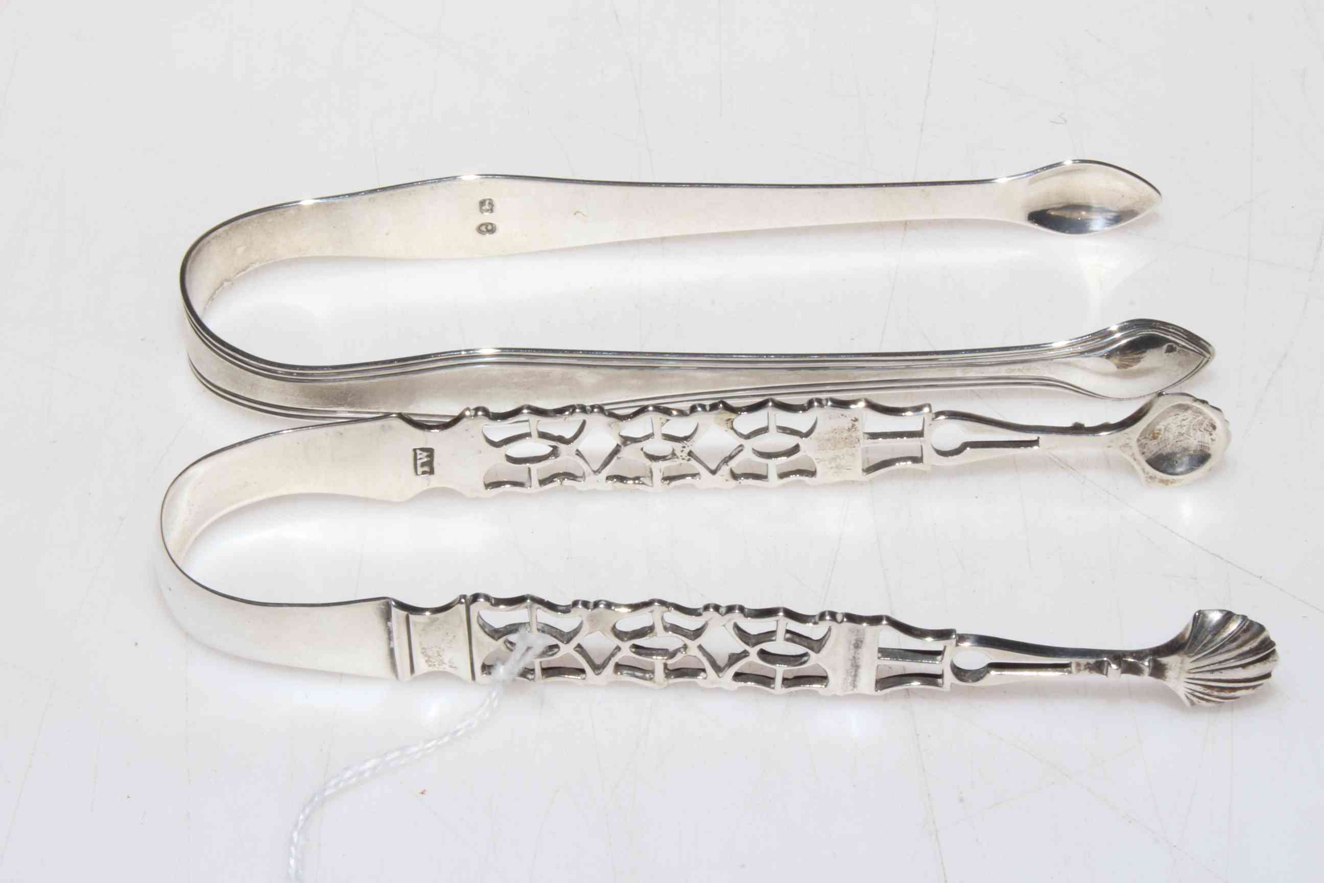 Pair George III Hester Bateman silver sugar tongs and pair by Thos.